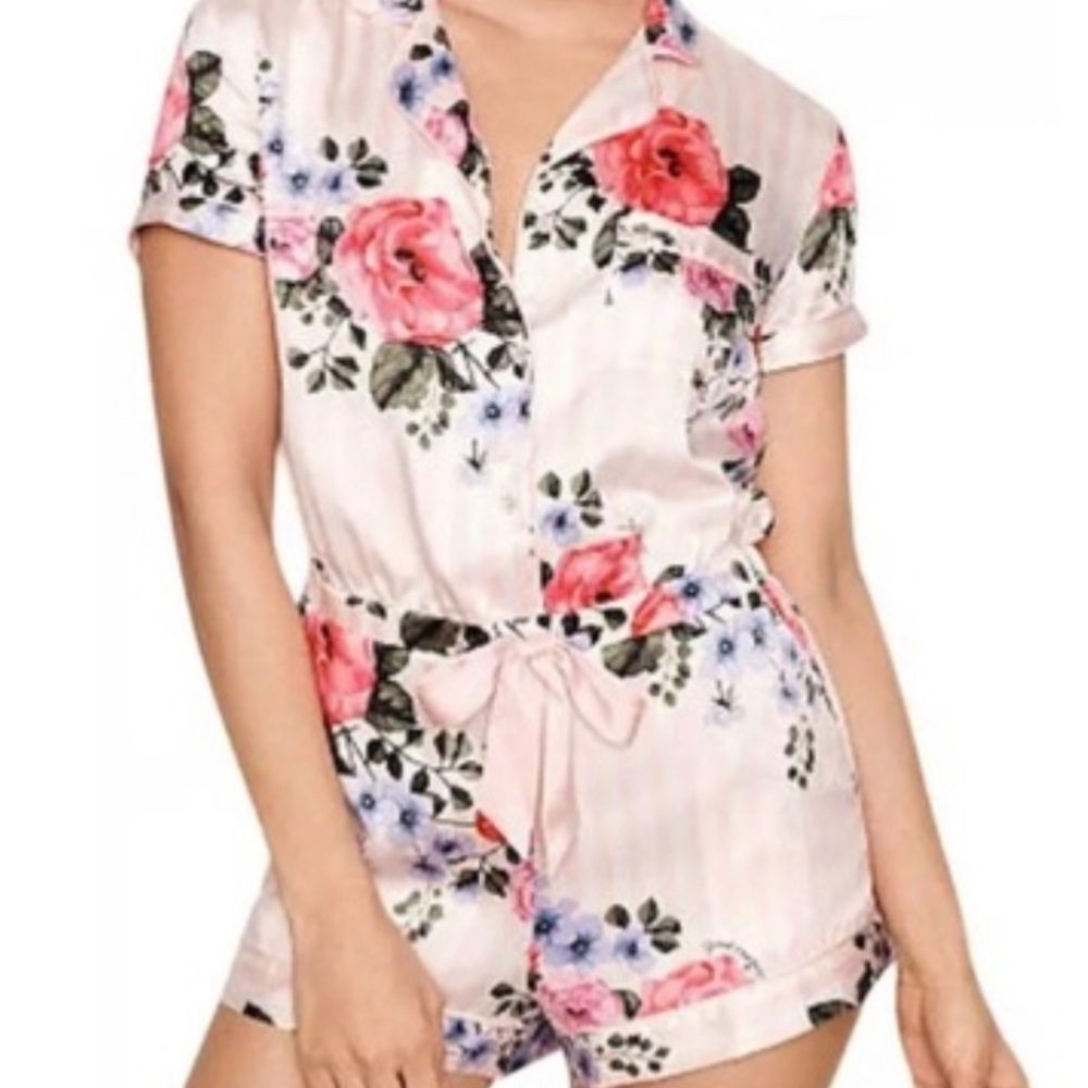 Victoria's Secret Satin Romper Pajamas with Pink and Purple Floral Design